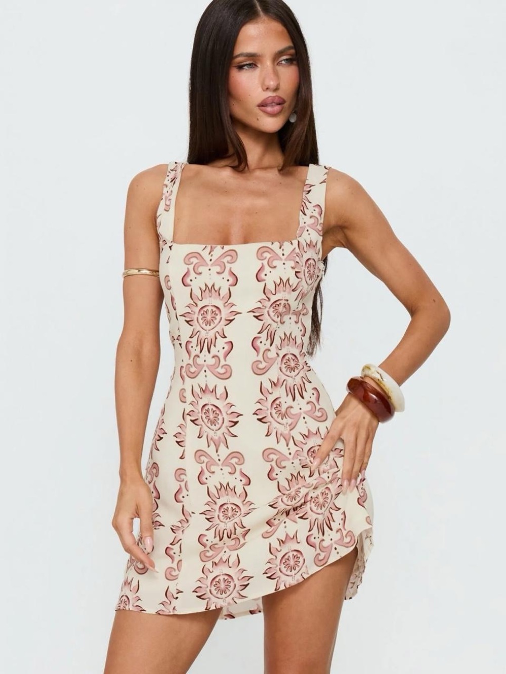 Princess Polly Cream Mini Dress with Dusty Rose Print